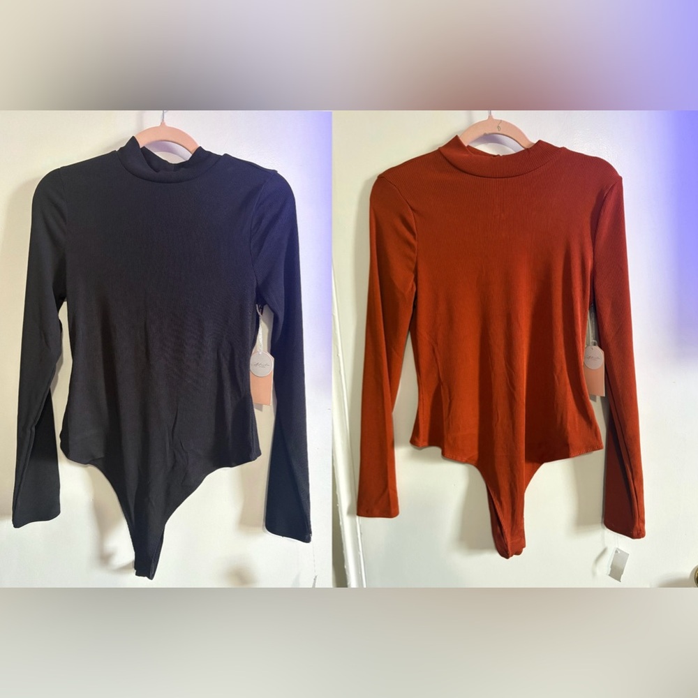 Ribbed Mock Neck Long Sleeve Bodysuit - Black and Rust Set